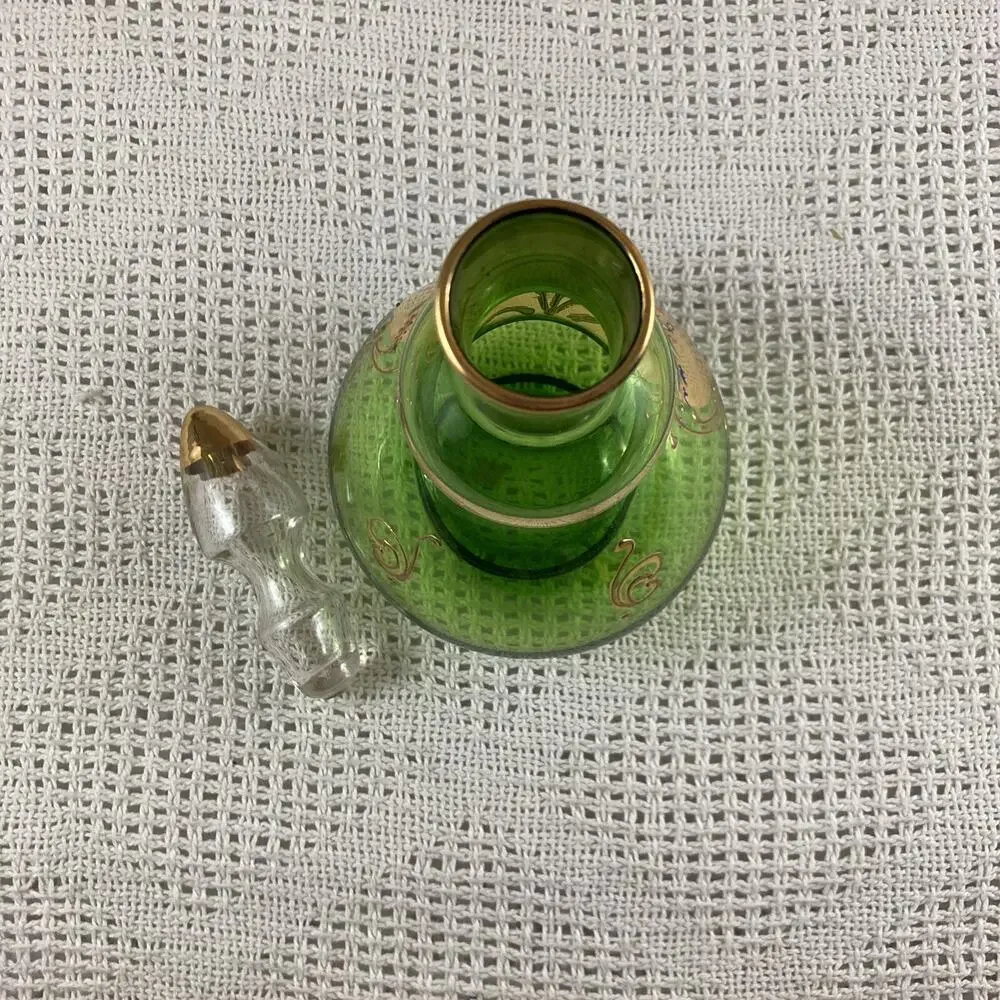 Venetian Italian Decanter Vintage Green and Gold Floral Stopper & 2 Shot Glasses